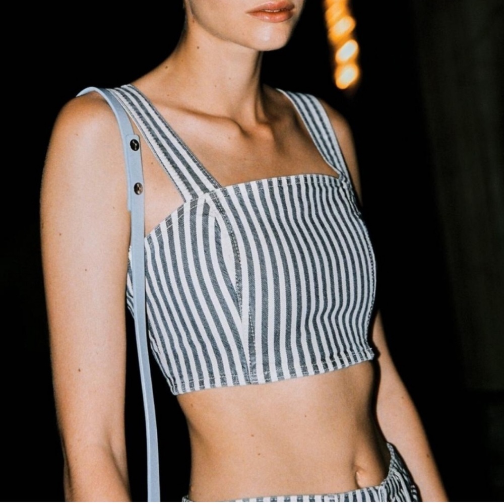 Zara Womens Denim Crop Top Size Small White Blue Striped Side Zip Bustier Tank